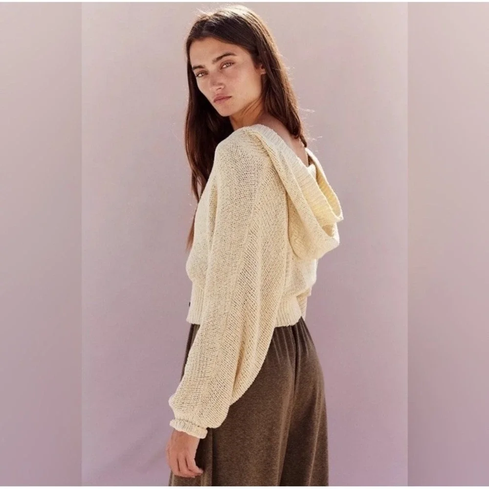 Free People Beach Sandra Sweater Cardigan Women's XS Knit Cropped‎ Cream Beige
